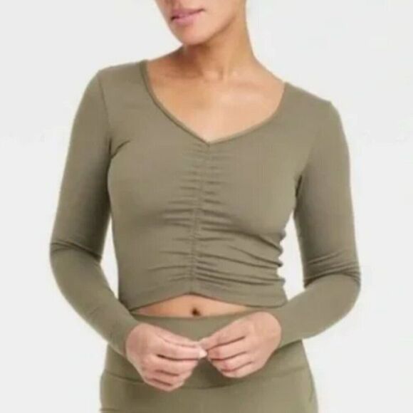 Women's Flex Shirred Cropped Long Sleeve All in Motion Vibrant pink green blue M - Picture 3 of 12